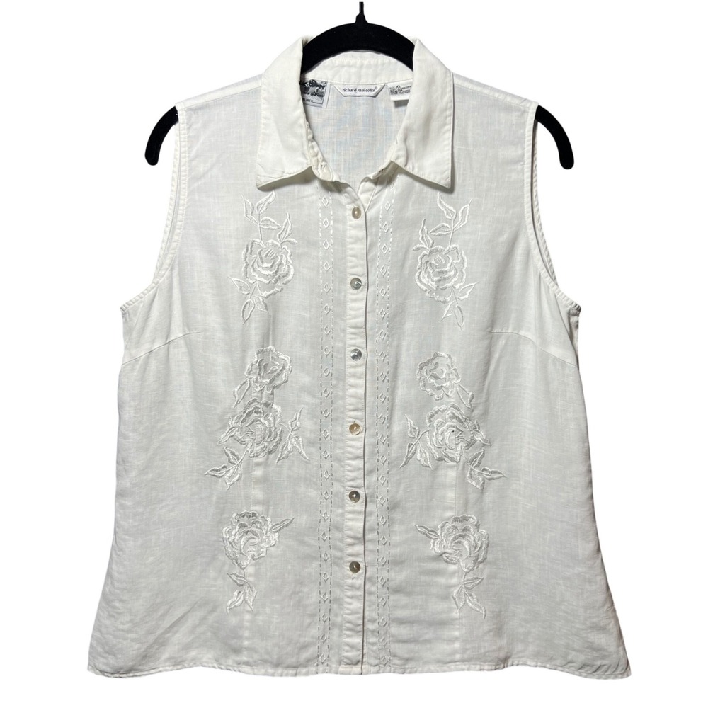 Richard Malcolm White Irish Linen Sleeveless Floral Embroidered Top XL Button Up